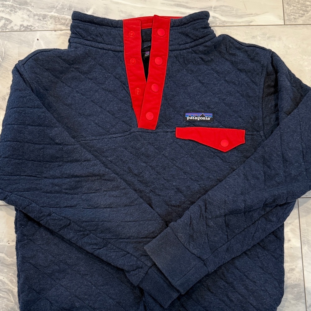 Patagonia Kids Quilted Navy and Red Crewneck Sweater